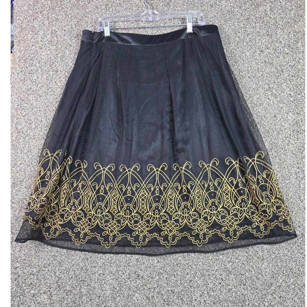 Apostrophe Skirt Womens 16 Black Gold Embroidered Mesh Overlay‎ Midi A-Line
